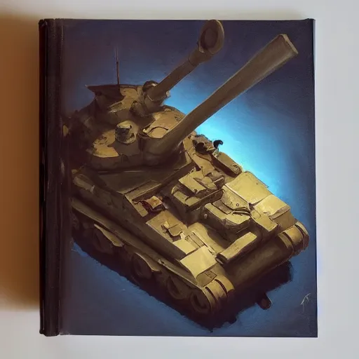 Image similar to tank in the shape of a book, oil painting, artstation, dramatic lighting,, beautiful