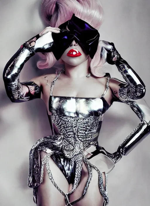 Prompt: lady gaga styled by nick knight posing, the fame monster, full body shot, vogue magazine, canon, highly realistic. high resolution. highly detailed. dramatic. 8 k. 4 k.