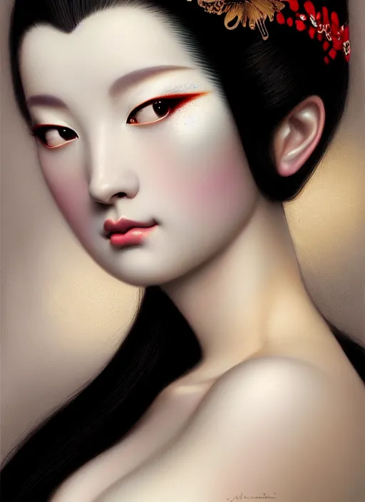 Prompt: organic seductive Geisha, pearlescent skin, diffuse lighting, fantasy, intricate, elegant, highly detailed, lifelike, photorealistic, digital painting, artstation, illustration, concept art, different full body view, smooth, sharp focus, art by John Collier and Albert Aublet and Leonardo da vinci and Krenz Cushart and Artem Demura and Alphonse Mucha