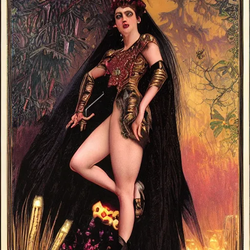 Image similar to an extremely detailed matte painting of a vampire queen in a resplendent black dress with gold and crimson trim and a long leg slit, in the style of magic the gathering, 8 k, sharp focus, detailed face, art by john collier and albert aublet and krenz cushart and artem demura and alphonse mucha