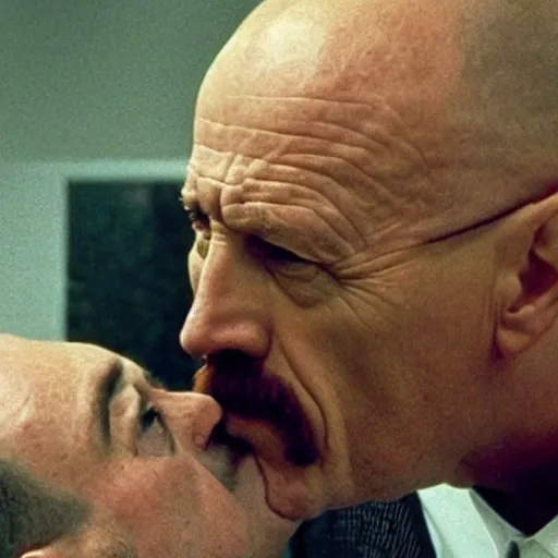 Prompt: Walter White kissing Mike Ehrmantraut