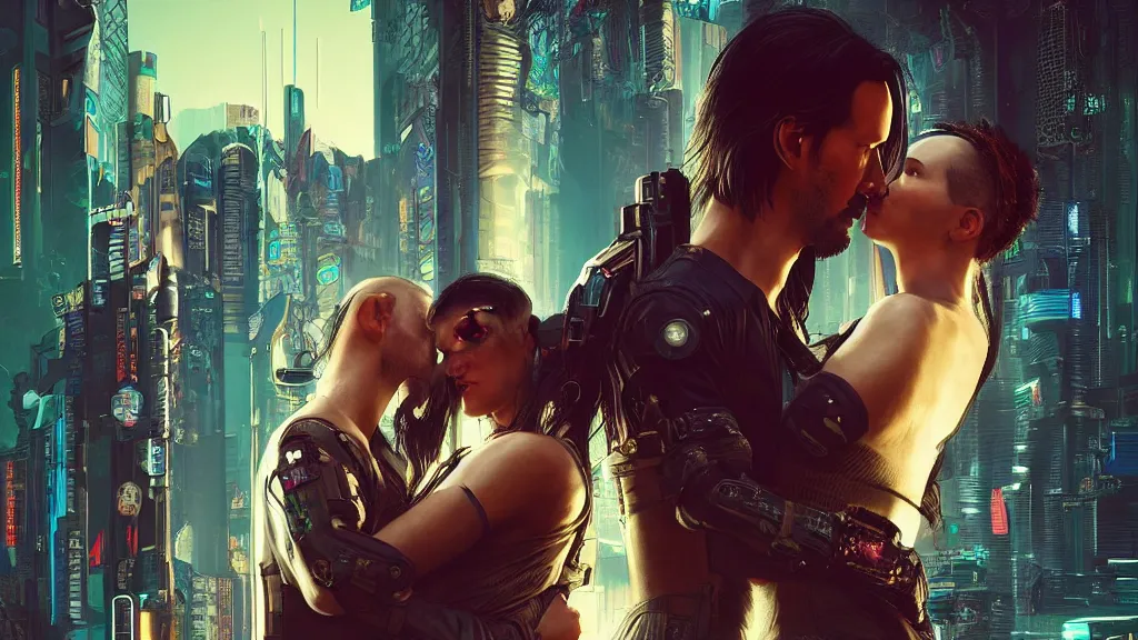 Image similar to a cyberpunk 2077 srcreenshot couple portrait of a Keanu Reeves a female androids in hug,love,film lighting,by Laurie Greasley,Lawrence Alma-Tadema,Dan Mumford,John Wick,Speed,Replicas,artstation,deviantart,FAN ART,full of color,Digital painting,face enhance,highly detailed,8K,octane,golden ratio,cinematic lighting