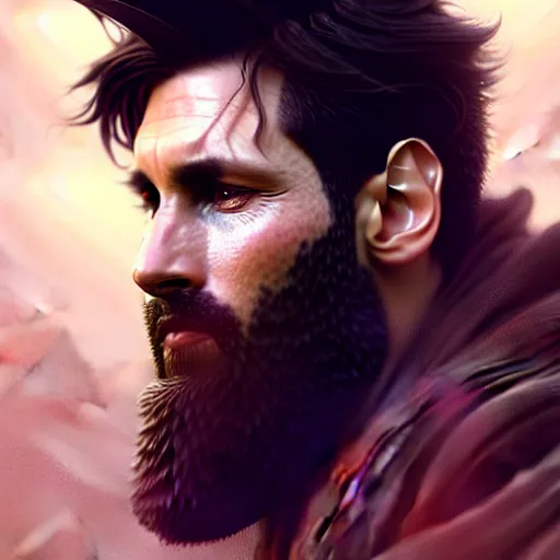 Image similar to Messi with a majestic beard, closeup, D&D, fantasy, intricate, elegant, highly detailed, digital painting, artstation, concept art, matte, sharp focus, illustration, art by Artgerm and Greg Rutkowski and Alphonse Mucha