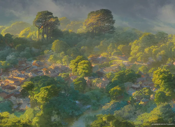 Image similar to concept art painting of a distant small woodland village in a valley seen from above, early morning, european japanese buildings, beside a river, cel shaded, detailed, by makoto shinkai and moebius and greg rutkowski and james gurney