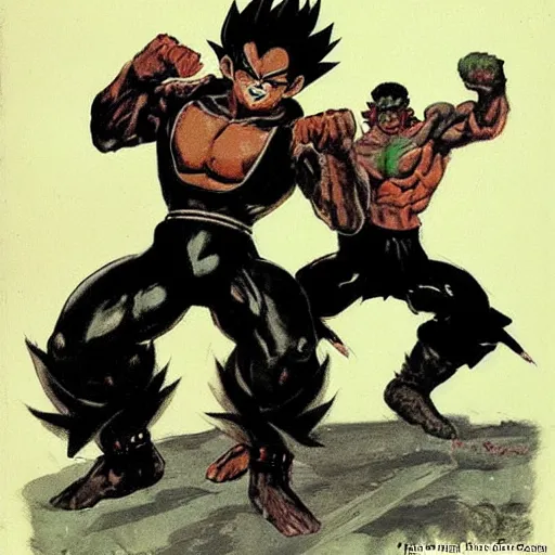 Prompt: Black-haireBlack-haired Saiyan warrior fistfighting Ork, Orkboy, Frank Frazetta art, pulp art