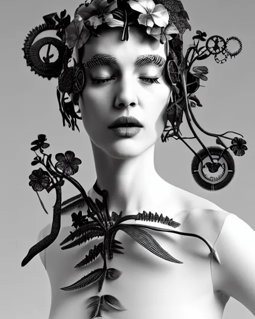 Image similar to monochrome 3 d model, 1 9 3 0 picture, floral steampunk biomechanical beautiful young female cyborg with porcelain profile face and a techno eye, volumetric light, leaves foliage and stems, hibiscus flowers, boho vines, sinuous fine roots, fine foliage lace, alexander mcqueen, rim light, big gothic fashion pearl embroidered collar, octane render, 8 k