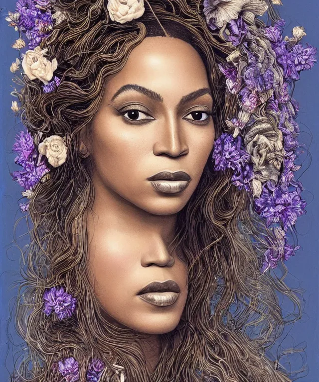 Prompt: facial portrait of Beyonce as a young pretty woman in flowing dress, arrogant, mysterious, long fine flowing hair, delicate, looking at camera, realistic face, intricate, stylish, elegant, grimdark, flowers, extremely detailed photograph by Martine Johanna and Ernst Haeckel and Greg Rutkowski