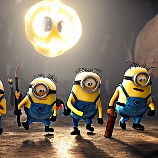 Prompt: POV of a dozen minions chasing you angrily. The minions are carrying torches and pitchforks. The minions are angry. concept art, sharp lighting, 4k, detailed, Peter Jackson, Ridley Scott, bright colors