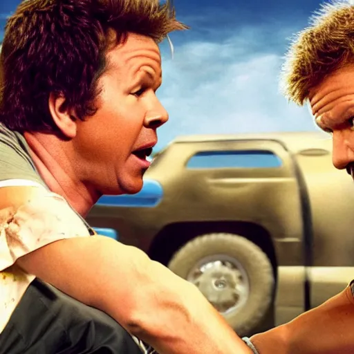 Image similar to scene from a movie that looks like a drama but it's a laugh hard comedy, mark wahlberg and will ferrell being a chaotic duo, shot by darren aronofsky, 4 k