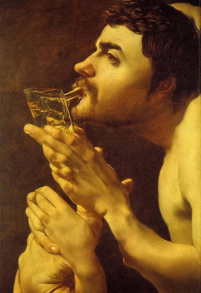 Image similar to men drinks golden liquid, closeup portrait, garden, ultra detailed, Orazio Gentileschi style