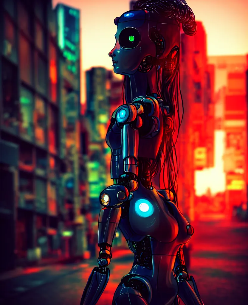 Image similar to a photo close up cyberpunk half robot half girl stands in a cyberpunk hiroshima, prefecture streets, sunset, photorealistic, cinematic lighting, very detailed, style by tomino - sama