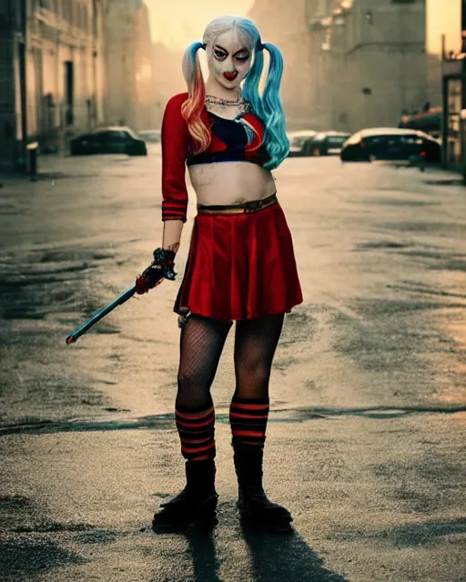 Image similar to 3 5 mm photo of elegant suicide squad harley quinn, long blonde hair and big eyes, finely detailed perfect face, standing on the wet street at sunset, golden hour sunset lighting,