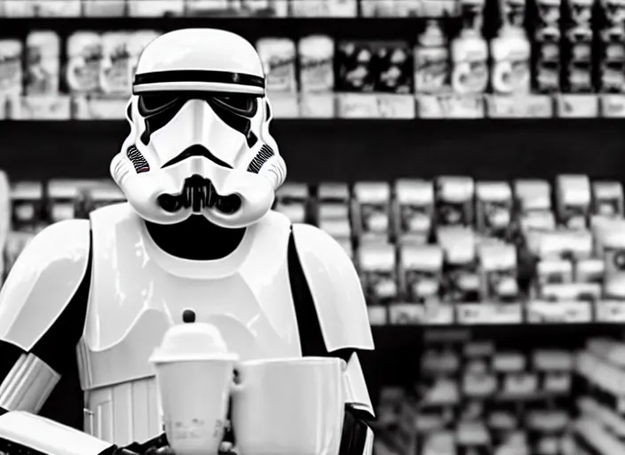 Image similar to film still of a storm trooper holding a cup of coffee in a convenience store in the new Star Wars movie, 4k, black and white