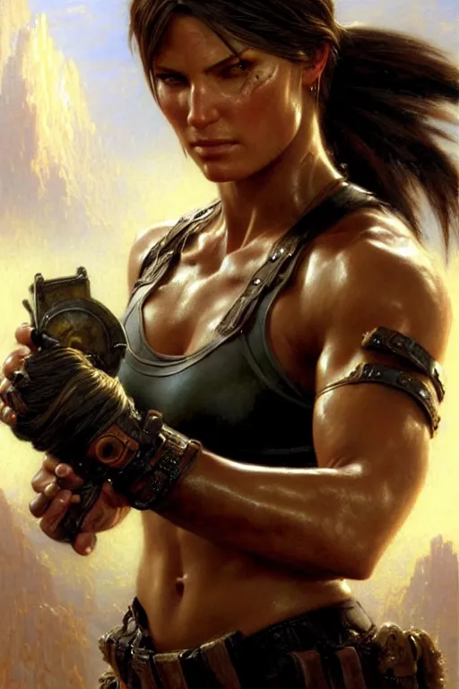 Image similar to muscular sweat lara croft wearing final fantasy armor, exhausted face close up, highly detailed painting by gaston bussiere, craig mullins, j. c. leyendecker 8 k