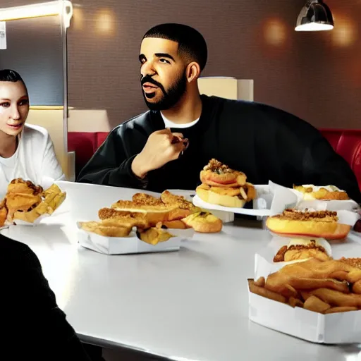 Prompt: rapper drake eating at burger king's fast food with bella hadid, photorealistic, dynamic light, ultra detailed