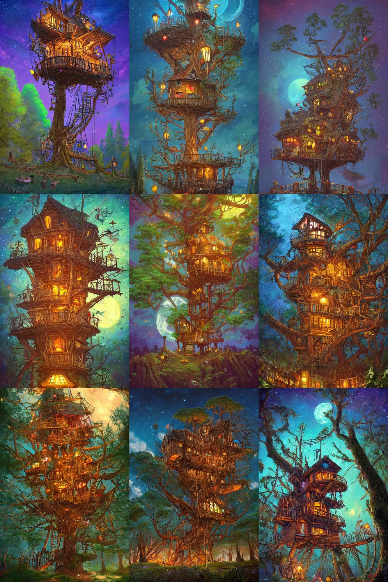 Prompt: a treehouse made out of a pirate ship, the treetops, night, stars, candles, colorfully, detailed illustration, digital art, overdetailed art, concept art, highly saturated colors, detailed illustration, hd, 4 k, digital art, dan mumford, greg, rutkowski, trending on artstation