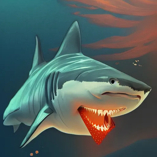 Image similar to great white shark, traffic cones as fins, underwater background detailed atmospheric - ron cheng & alphonse mucha, highly detailed, digital painting, ray tracing, concept art, illustration, smooth sharp focus, intricate, symmetry, artstation,