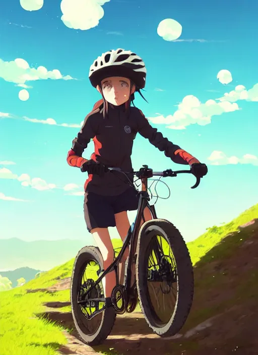 Prompt: portrait of girl riding off - road mountain bike, sunny sky background, downhill landscape, illustration concept art anime key visual trending pixiv fanbox by wlop and greg rutkowski and makoto shinkai and studio ghibli and kyoto animation, symmetrical facial features, sports clothing, mountain bike helmet, volumetric lighting