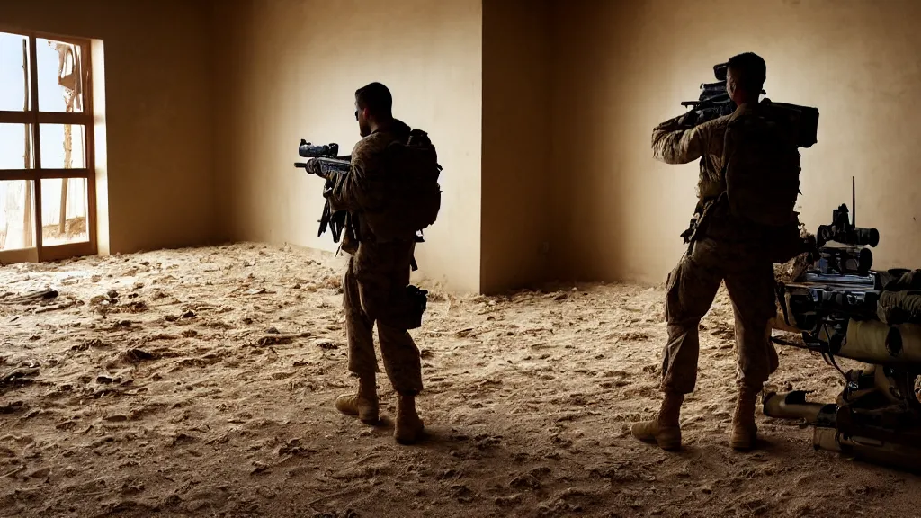 Prompt: film still of a marine soldier with a sniper rifle on his back standing in a dusty room with traditional colorful carpets on the wall in front of a sandy window. moody, grainy, 4 k, high detail, aesthetic, good composition, overdetailed, room cluttered with items, anatomically correct, directed by best director in the world,