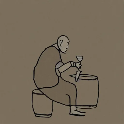 Prompt: minimalist sketch of a monk drinking wine next to a barrel