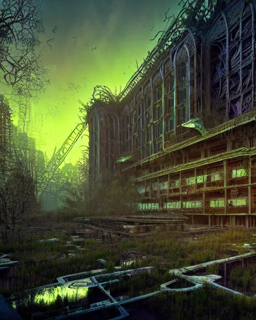 Image similar to a beautiful hyperdetailed rendering of nature abandoned swamp city unfinished building industrial architecture by louis sullivan, cosmic at dusk nightvision meadow dramatic lighting cyberpunk alien uv light flowers morning sun synthwave, archdaily, wallpaper, highly detailed, trending on artstation.