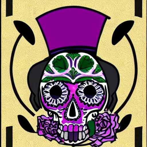 Prompt: a calavera wearing a purple sombrero smoking a joint, art nouveau, beautiful