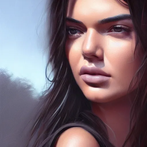 Image similar to portrait of kendall jenner,digital art,photorealistoc,art by greg rutkowski,hyperdetailed,western comic style,comic,comic style,sharp lineart,professional lighting,deviantart,artstation,trevor henderson,rossdtaws,cinematic,dramatic