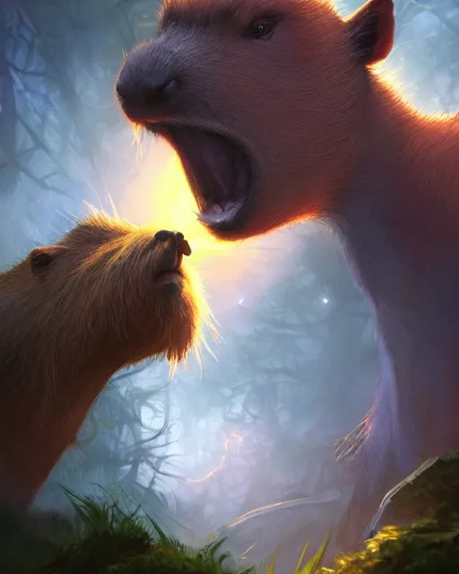 Image similar to Capybara Shapeshifter Druid Mage, D&D, artstation, fantasy, magic the gathering artwork, cinematic lighting, centered, symmetrical, highly detailed, digital painting, , concept art, smooth, sharp focus, illustration, volumetric lighting, epic Composition, 8k, art by Akihiko Yoshida and Greg Rutkowski and Craig Mullins, oil painting, cgsociety