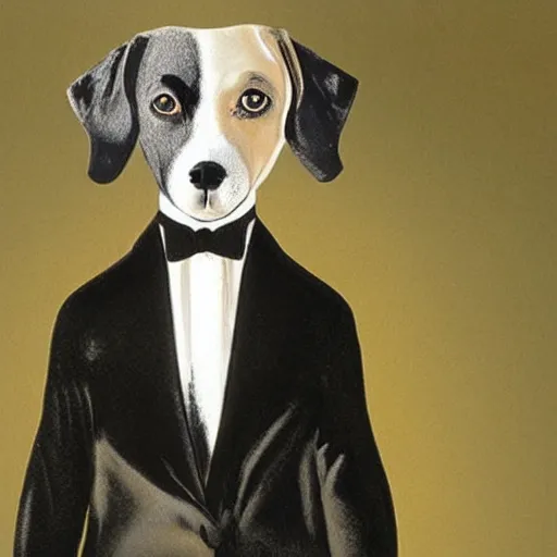 Prompt: a picture of a dog in a tuxedo in the style of jan gossaert