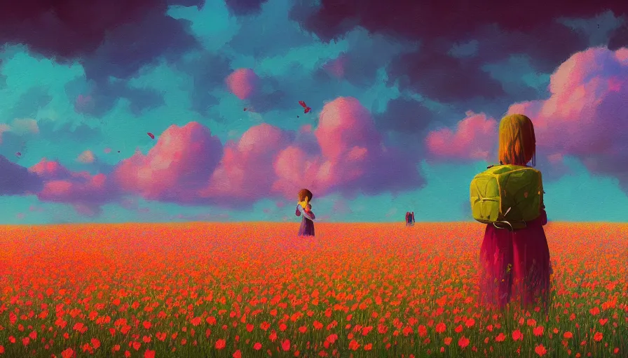 Prompt: girl with a flower face, surreal photography, dream, standing in flower field, hills, big trees, sunrise dramatic light, impressionist painting, colorful clouds, digital painting, pointillism, artstation, simon stalenhag, surreal