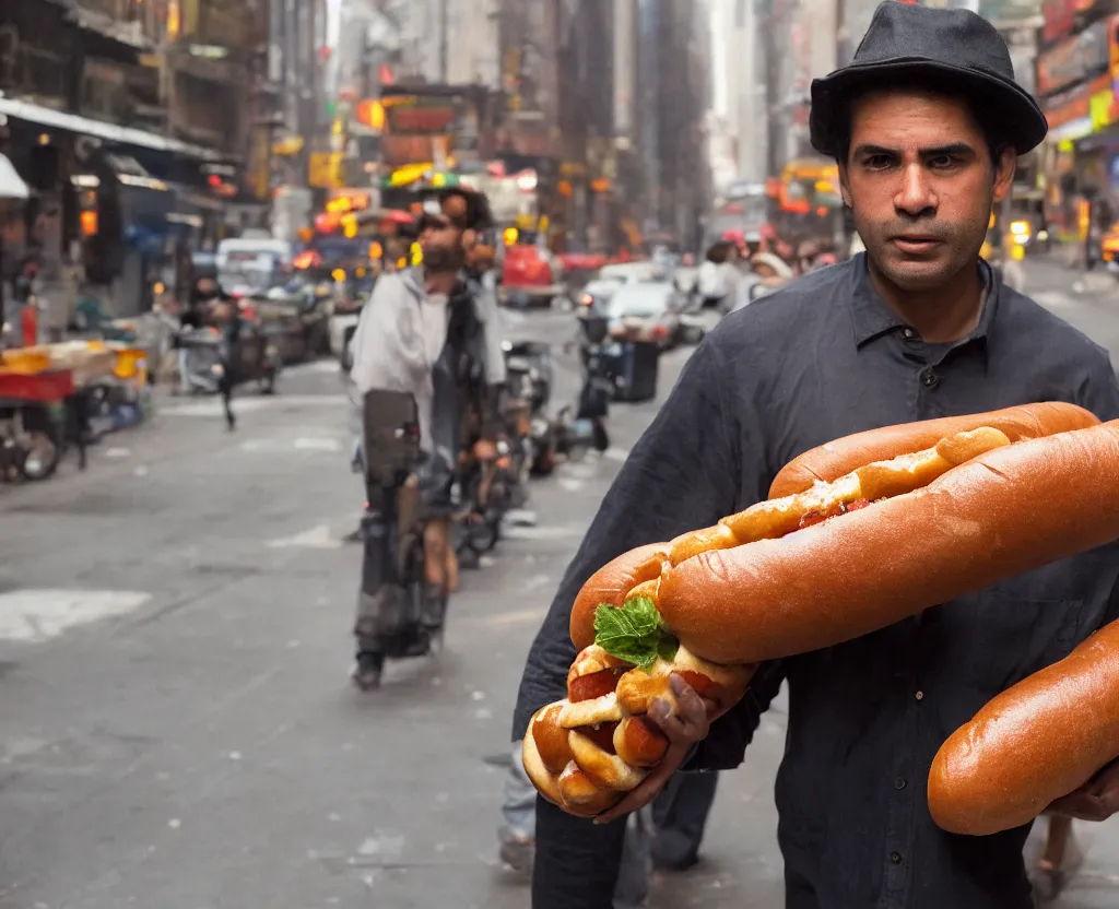 Image similar to closeup portrait of a man carrying a giant hotdog on his shoulder in a smoky new york back street, by Annie Leibovitz and Steve McCurry, natural light, detailed face, CANON Eos C300, ƒ1.8, 35mm, 8K, medium-format print