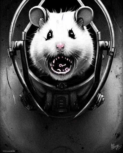 Image similar to wrecking ball the hamster from overwatch, with an evil and crazy look inn her eyes, character portrait, portrait, close up, concept art, intricate details, highly detailed, horror poster, horror, vintage horror art, realistic, terrifying, in the style of michael whelan, beksinski, and gustave dore