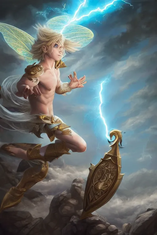 Image similar to legendary fairy prince casting a lightning spell,, lightning energy, blue energy, highly detailed, d & d, fantasy, highly detailed, digital painting, trending on artstation, concept art, sharp focus, illustration, global illumination, ray tracing, realistic shaded, art by artgerm and greg rutkowski and fuji choko and viktoria gavrilenko and hoang lap