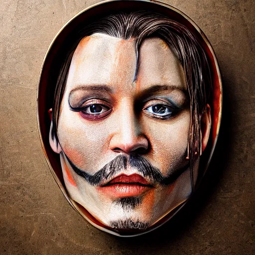 Image similar to johnny depp made out of jambalaya, a human face made out of a bowl of jambalaya, professional food photography