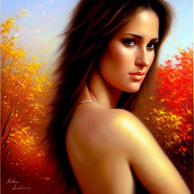 Prompt: stunning serene portrait of Ashley Adams by Mark Arian, oil on canvas, masterpiece, realism, piercing gaze, autumn bokeh