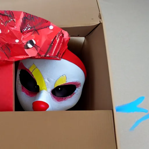 Image similar to a cardboard box opened up with a clown face popping out of it, realistic