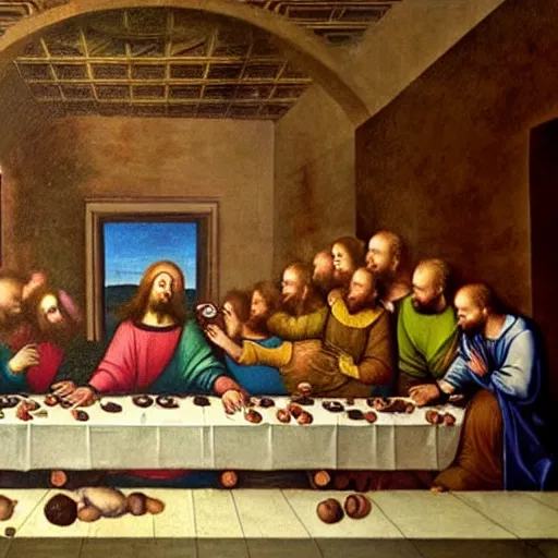 Prompt: a renaissance painting of minions at the last supper