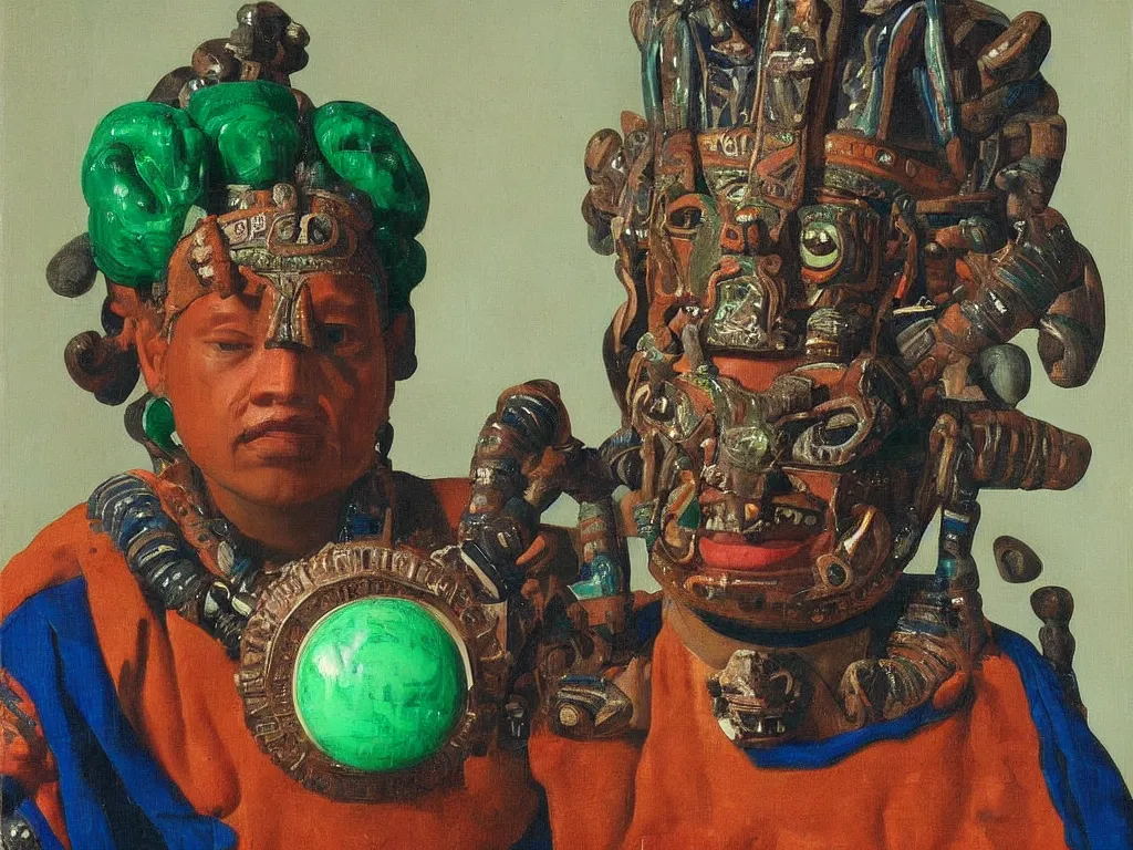 Image similar to portrait of a man with tlaloc aztec mask. malachite. painting by vermeer