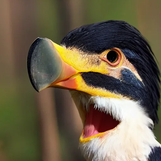 Image similar to a large bird, human teeth in the beak