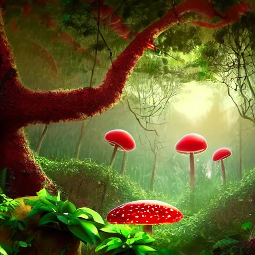 Prompt: a forest of giant red and white spotted mushroom, exotic foliage, Mario walking along path, piranha plants hanging from vines, artstation, matte painting, colorful, beautiful, cinematic lighting