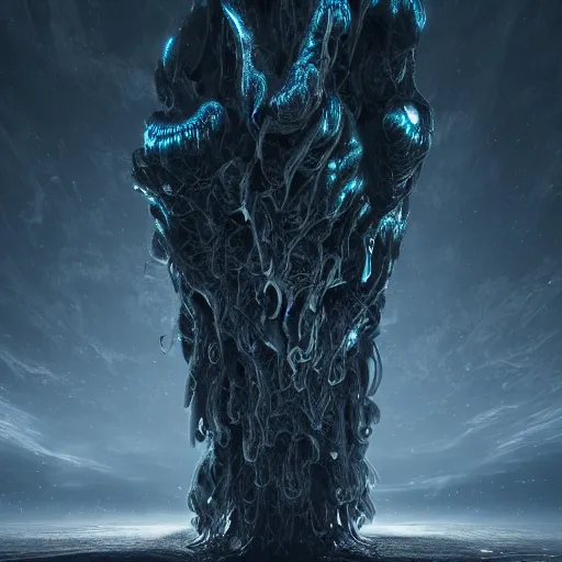 Image similar to Hyper detailed flowing glowing reflective biomechanic monolith with dripping tentacles peeping out of atmospheric clouds standing alone on jupiter, moody, gloomy, dark, trending on artstation, octane render