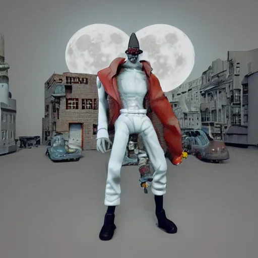 Image similar to full moon, figurines, travel, tilt shift, style of 3 d daz, occlusion, white clay, style of dave mckean, style of shuzo oshimi, style of will eisner, full of color, on white, smooth, thin sharp lines, detailed, octane render