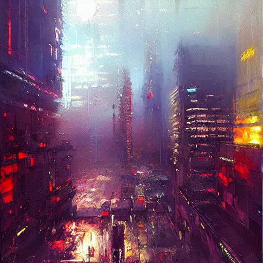 Image similar to beautiful cyberpunk cityscape, sun setting, volumetric clouds, painting by jeremy mann