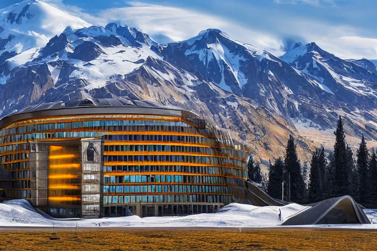 Image similar to architecture photo modern fachwerk opera building settlement with Elbrus mountain on the background, architecture, photorealism 8k , shining and happy atmosphere, uplight, high details