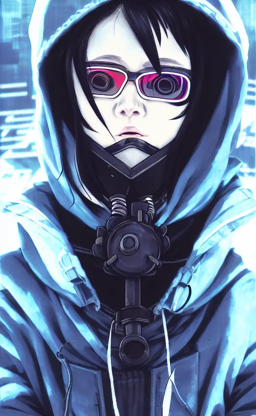 Image similar to cyberpunk anime girl in hoodie, cyberpunk gas mask, potrait, street night, grafity, beautiful face, grafity, arcane, action, tokyo street, detail, good face, pose model, concept art, style of arcane, 2 d art, style of yoji shinkawa, pan ren wei, col price, greg rutkowski, aesthetic