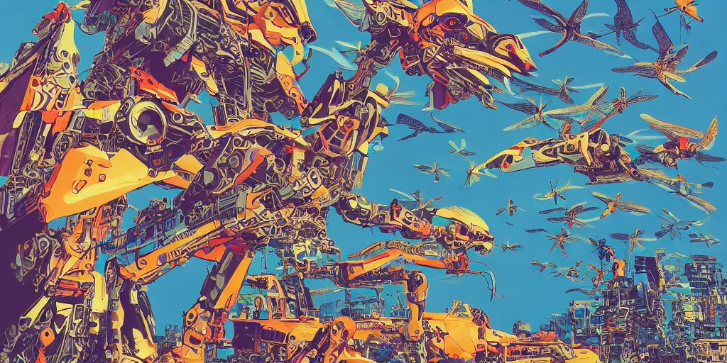 Image similar to risograph, gigantic mecha arzach birds with dragonflies, tiny rats, a lot of exotic animals around, big human faces everywhere, helicopters and tremendous birds, by satoshi kon and moebius, matte summer blue colors, surreal psychedelic design, crispy, super - detailed, a lot of tiny details, 4 k, fullshot