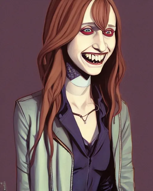 Image similar to pretty female Taissa Farmiga vampire, Jamie McKelvie comic art, Peter Mohrbacher, sharp vampire teeth, sarcastic smile showing teeth, symmetrical eyes, realistic face, symmetrical face, brown leather jacket, jeans, long black hair, full body