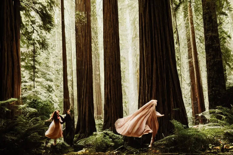 Prompt: cinematography closeup portrait of couple dancing in the redwood forest, thin flowing fabric, natural light by Emmanuel Lubezki