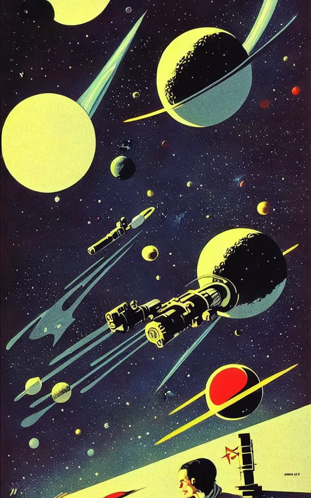 Image similar to space fantasy. bauhaus art. retro comicbook art. dean ellis.