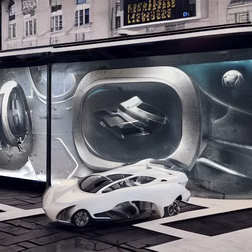 Image similar to sci-fi wall structure logotype and car on the coronation of napoleon painting and digital billboard in the middle, unreal engine 5, keyshot, octane, artstation trending, ultra high detail, ultra realistic, cinematic, 8k, 16k, in style of zaha hadid, in plastic, dark, tilt shift,